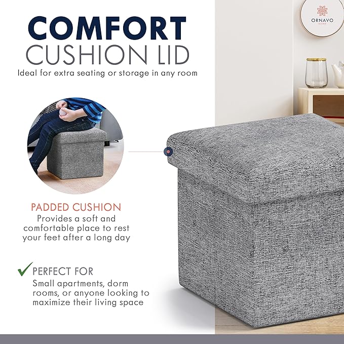 Ornavo Home Small Storage Ottoman Foldable Collapsible Cube Square Linen - Image 6