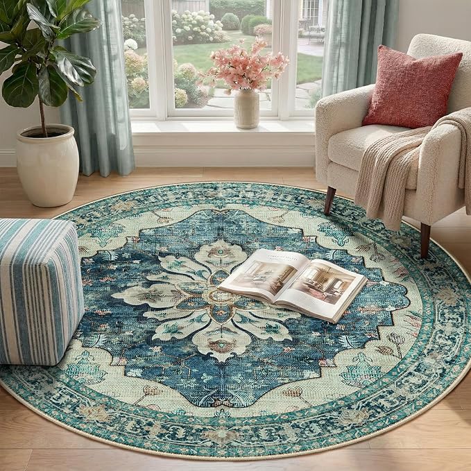 RELEANY Area Rugs Round 4ft Washable Non-Slip, Floral Vintage Distress Print - Image 2