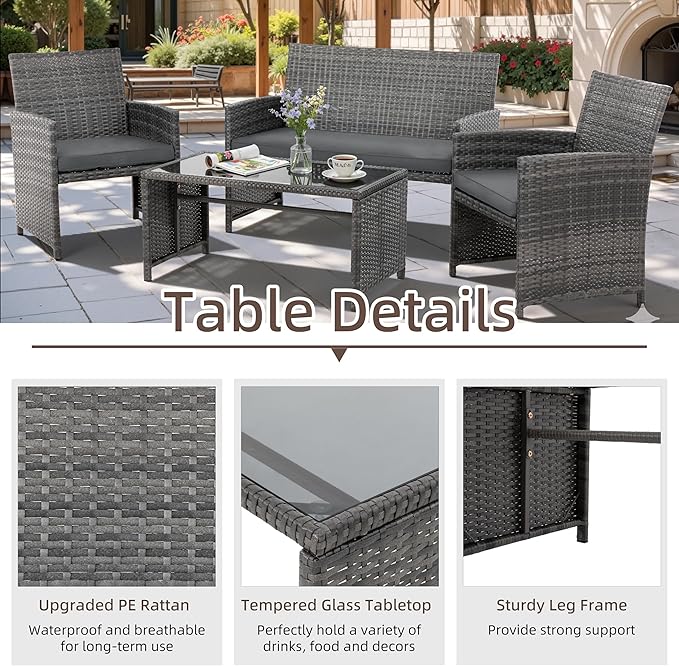 4 Piece Patio Ratten Set Outdoor Furniture Set Wicker Conversation Set - Image 3