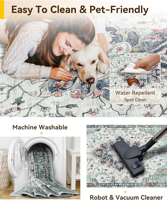 RELEANY Area Rugs Square 10ft Washable Non-Slip, Floral Vintage Distress Print - Image 3
