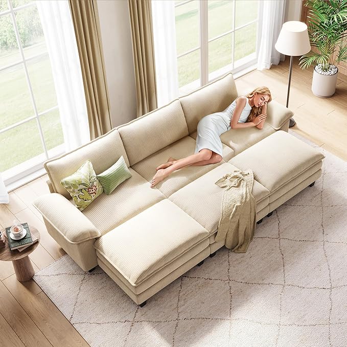 LINSY HOME 123" Modular Sectional Sofa, 3-Seat Corduroy Modern Cloud Couch - Image 7