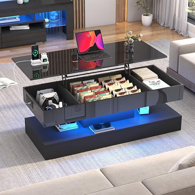 47.2" Large Lift Top Coffee Table, Modern High Glossy LED Coffee Tables - Image 5