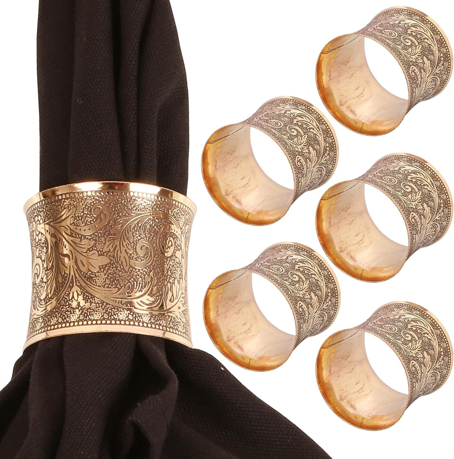 Brass Base Traditional Pretty Handcrafted Etched Petals Floral Pattern Large Size Party Dining Table Napkin Holders in Gold Tone. (Set of 6).