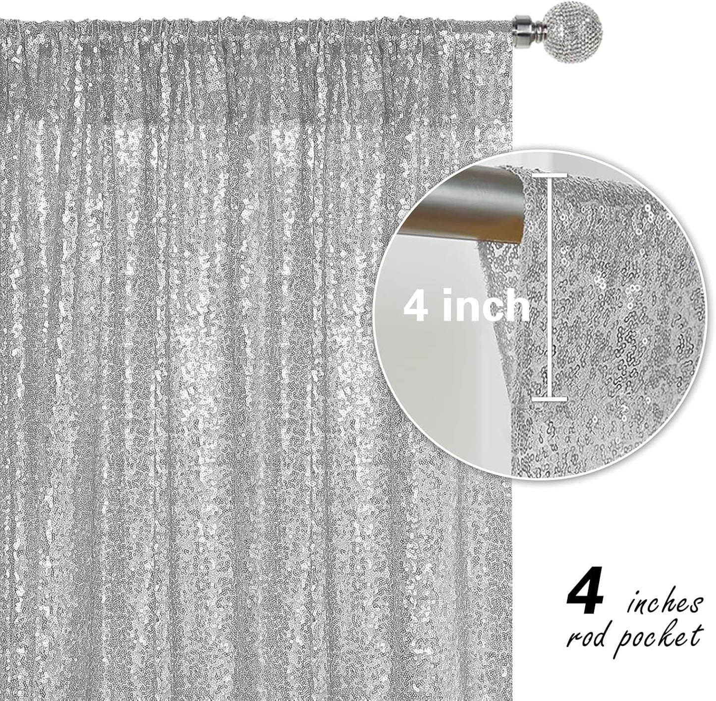 Silver Sequin Backdrop Curtain 4 Pieces 2FTx8FT Glitter Photography Backdrop for Party Wedding Birthday Christmas Decorations