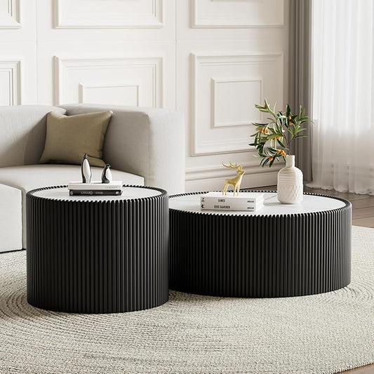 SSLine Round Drum Coffee Table Set of 2 Modern Sintered Stone Top Nesting by SSLine