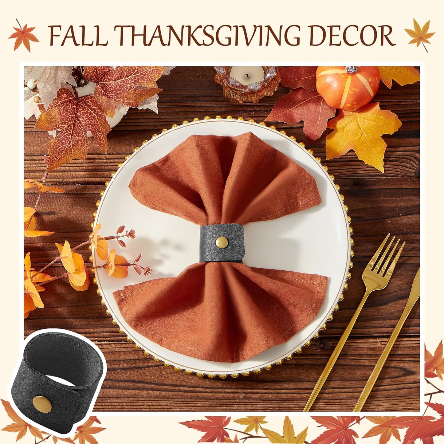 APTWOW 40PCS Leather Napkin Rings, Fall Thanksgiving Napkin Holder, Black Halloween Vintage Farmhouse Napkin Rings Bulk for Wedding Party Birthday Banquet Table Decoration and Daily Use