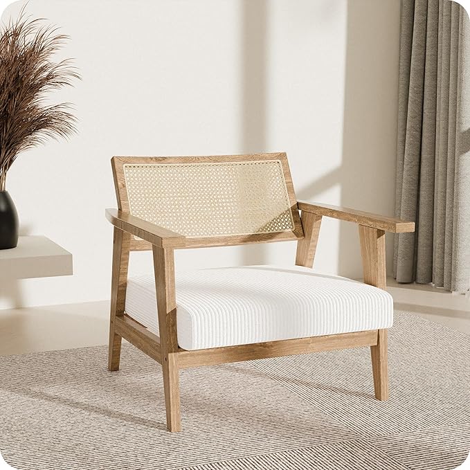 BELLEZE Mid Century Modern Rattan Chair Set of 2 Accent Natural Wood Armchair - Image 2