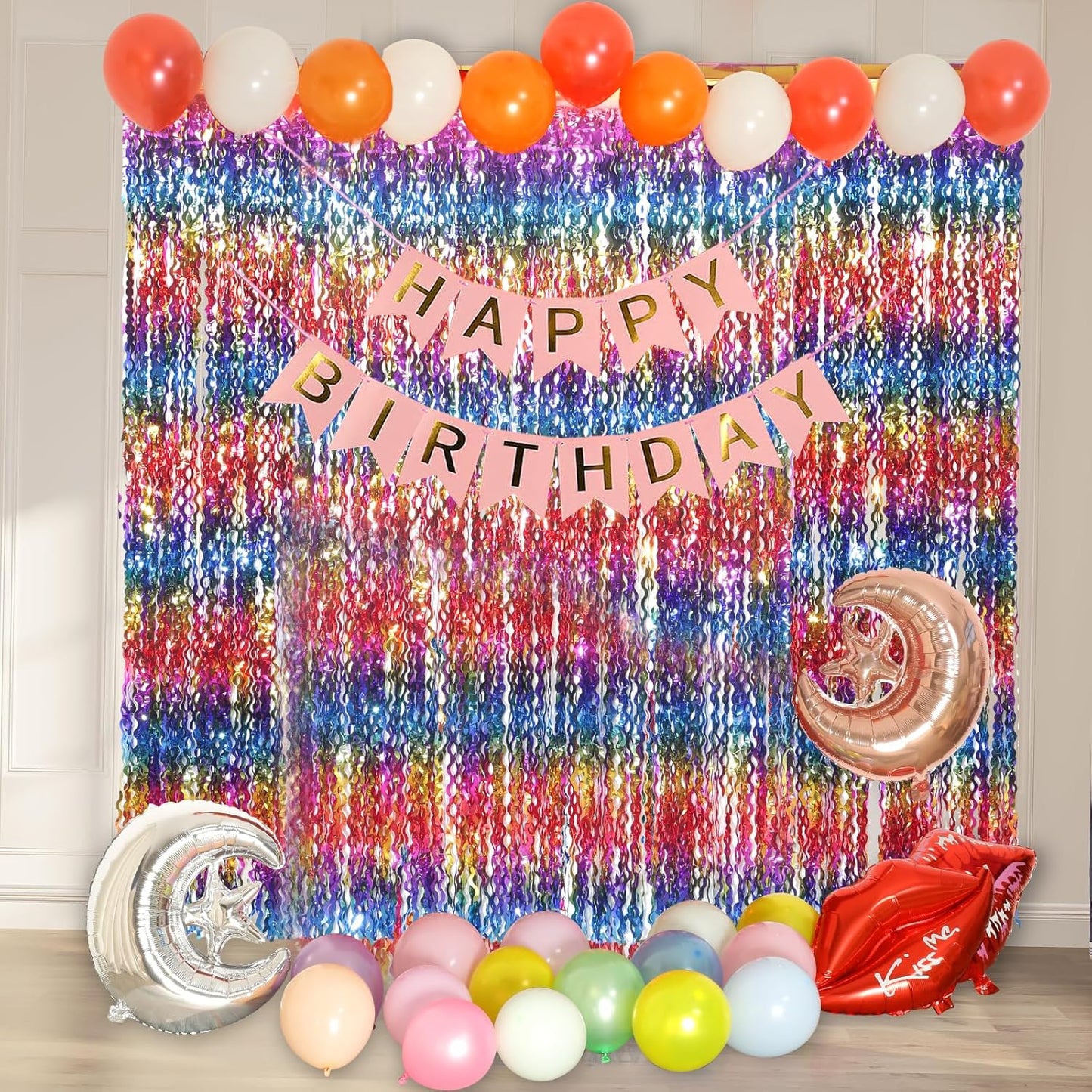 4 Pack Wavy Rainbow Foil Fringe Curtain | 3.3x6.6ft Colorful Tinsel Metallic Streamers Holiday Photo Booth Props Backdrop for Engagement Bridal Shower Unicorn Party Decorations