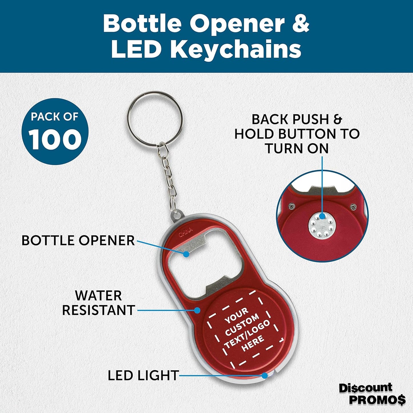 DISCOUNT PROMOS Custom Bottle Opener & LED Keychains Set of 100, Personalized Bulk Pack - Perfect for Tradeshows, Party Favors, Other Events - Red