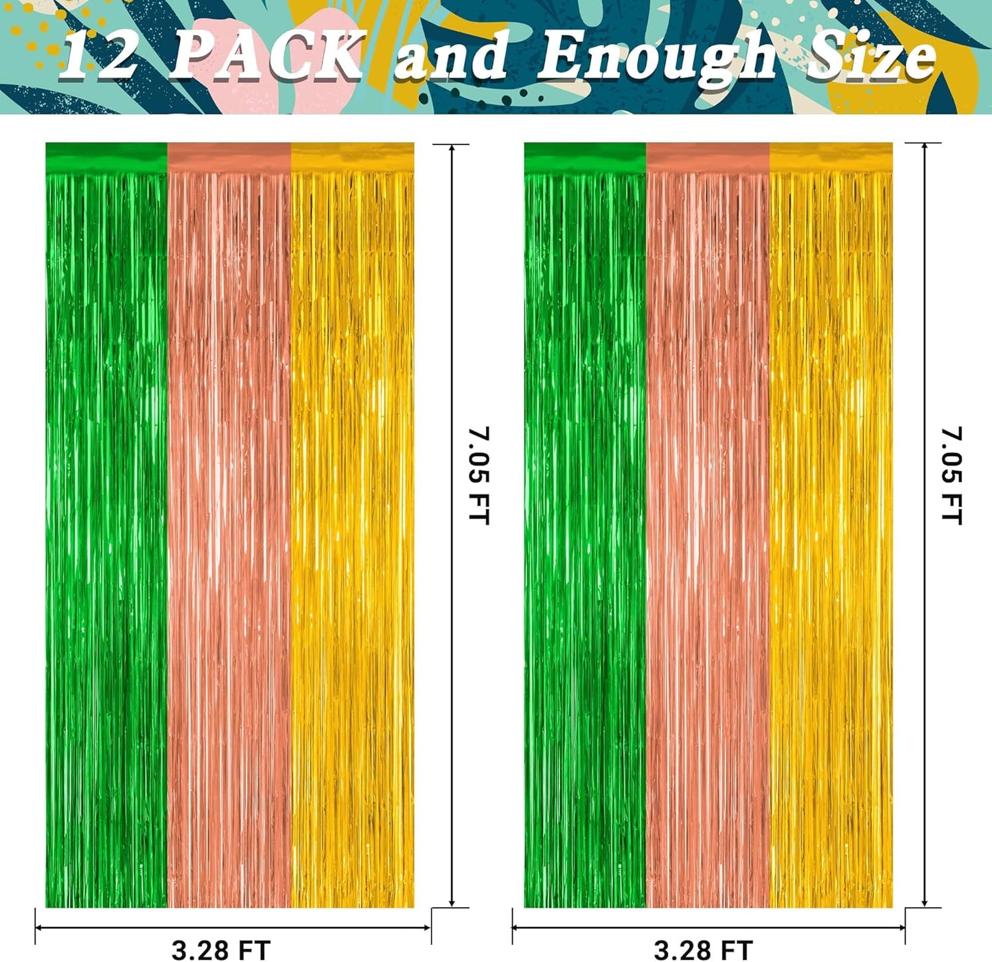 12 Pack Hawaiian Party Decorations, 3.28 FT x 7.05 FT Luau Party Decorations, Green Brown Yellow Luau Backdrop Fringe Curtains Foil Streamer, Metallic Summer Decor Luau Party Supplies