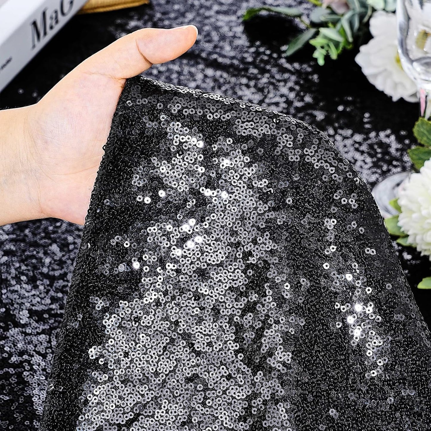 QueenDream Black Party Decorations Sequin Tablecloth: Glitter Overlay 90x90 Inch Table Drapes for Banquet Wedding Theme Party Planners
