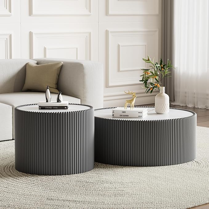SSLine Round Drum Coffee Table Set of 2 Modern Sintered Stone Top Nesting by SSLine