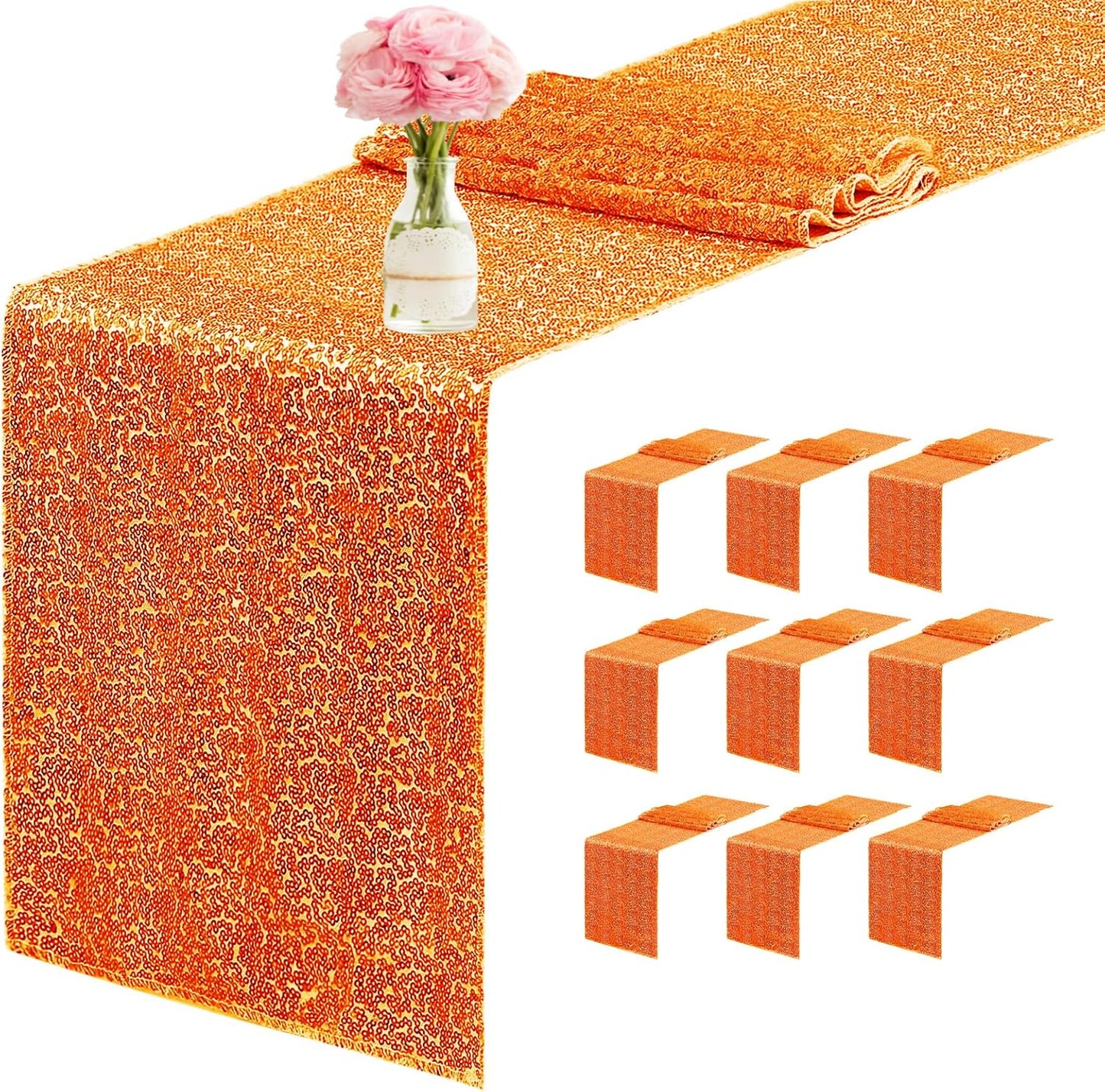 10 Packs 12 x 72 inches Sequin Table Runner, Orange Glitter Table Runner for Birthday Party Supplies Wedding Engagement Baby Shower Holiday Celebration Event Decorations