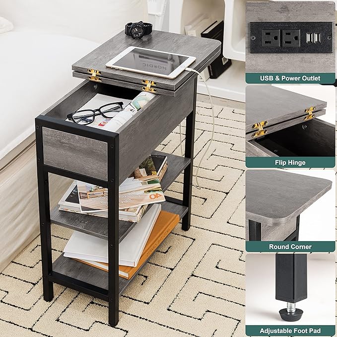 Yoobure End Table with Charging Station, Flip Top Side Table with USB Ports and - Image 4