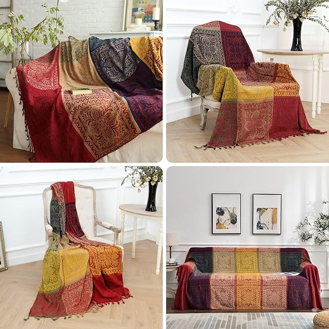 Boho Throw Blanket, Chenille Jacquard Tassels Throw Blankets - Image 4