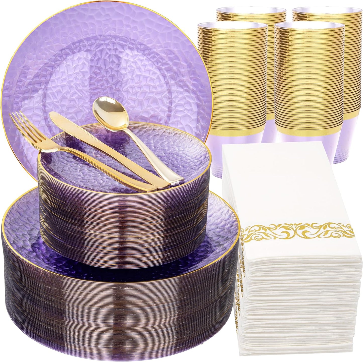 Rubtlamp 350 Pcs Clear Purple Plastic Plates, Gold Plastic Dinnerware Set (50 Guests), Purple Disposable Plates With Gold Rim, Hammered Party Plates Set for Wedding And Party