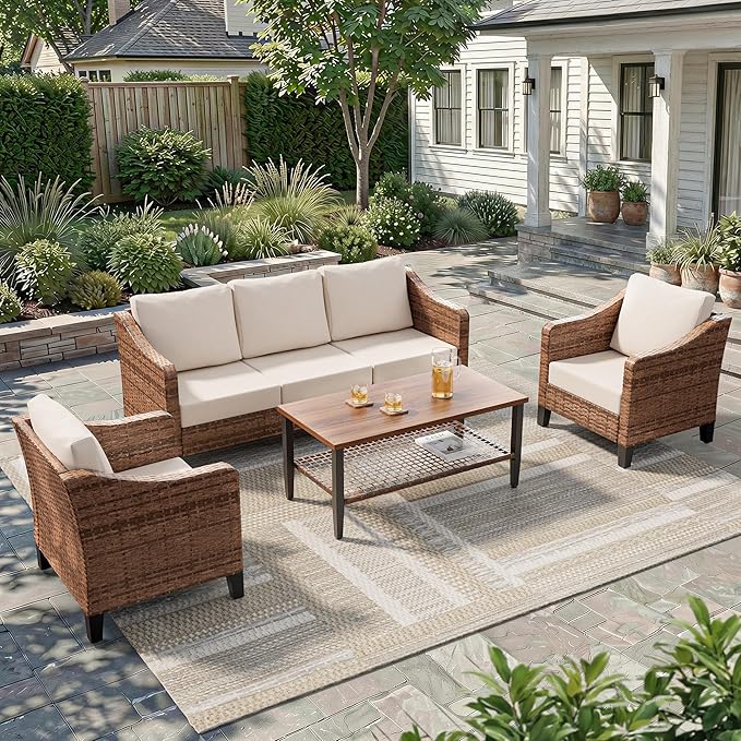 4-Piece Patio Conversation Sets, Outdoor Sectional Sofa 2-Tier Coffee Table by Mugovelo