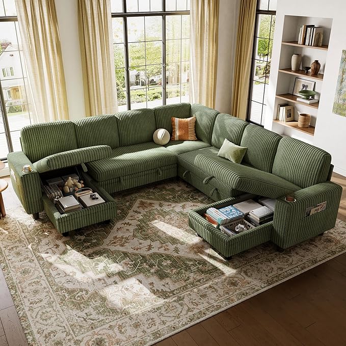 LINSY HOME Sectional Sofa with Pull Out Bed, 7 Seats Corduroy Reversible by LINSYHOME