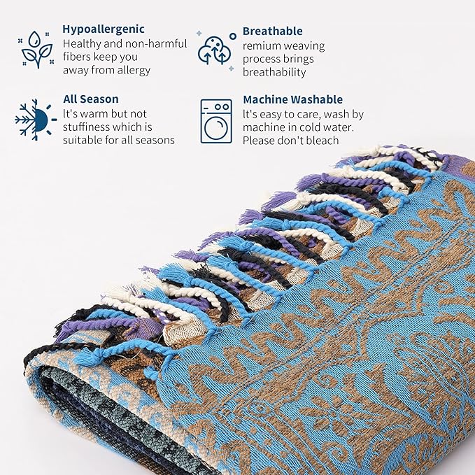 Boho Throw Blanket, Chenille Jacquard Tassels Throw Blankets - Image 5