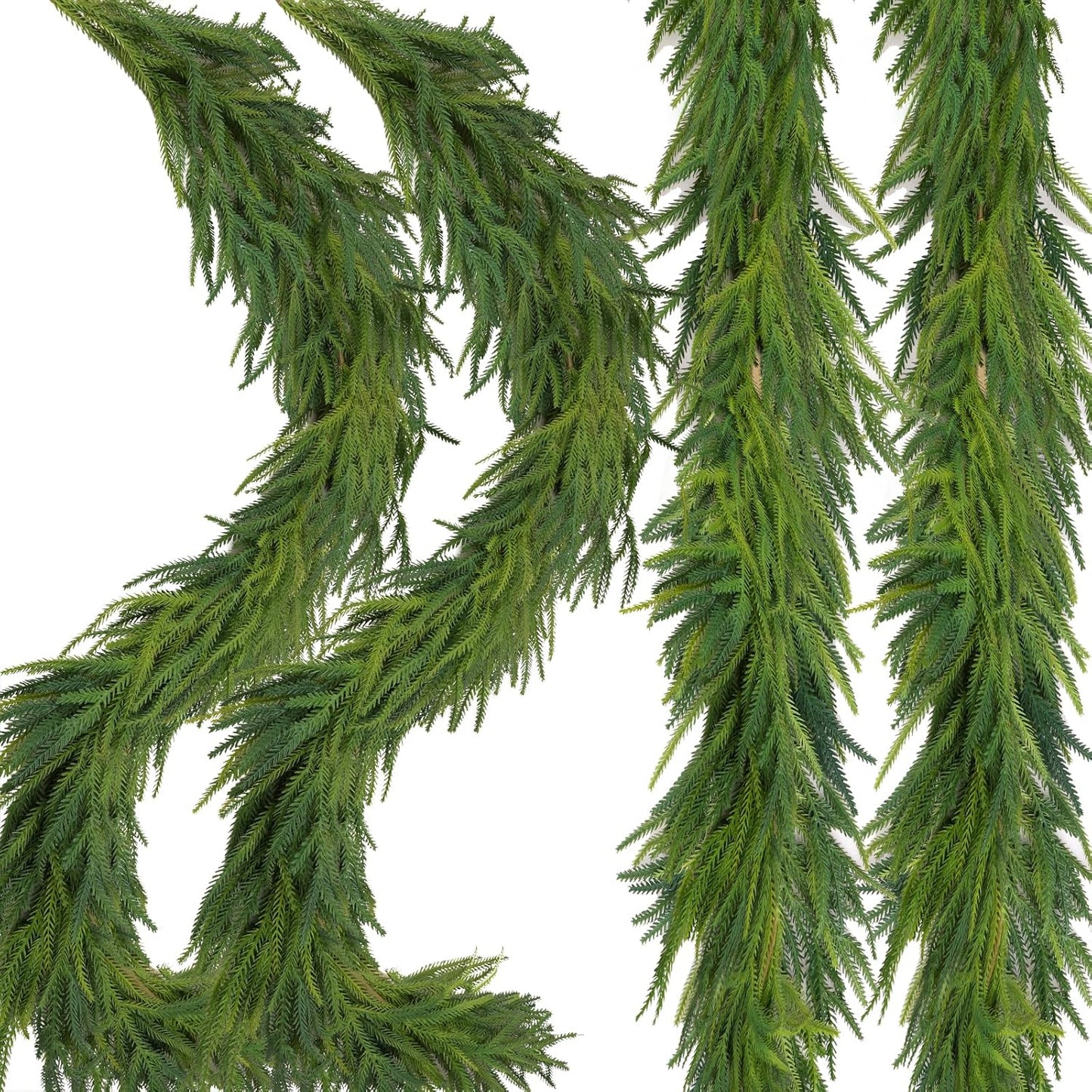 2 Pcs Christmas Decorations Artificial Norfolk Pine Garlands, 6 FT Dense Real Touch Winter Pine Garland Ornament, Green Greenery Garland for Table, Mantle, Wall, Indoor, Outdoor Christmas Decor