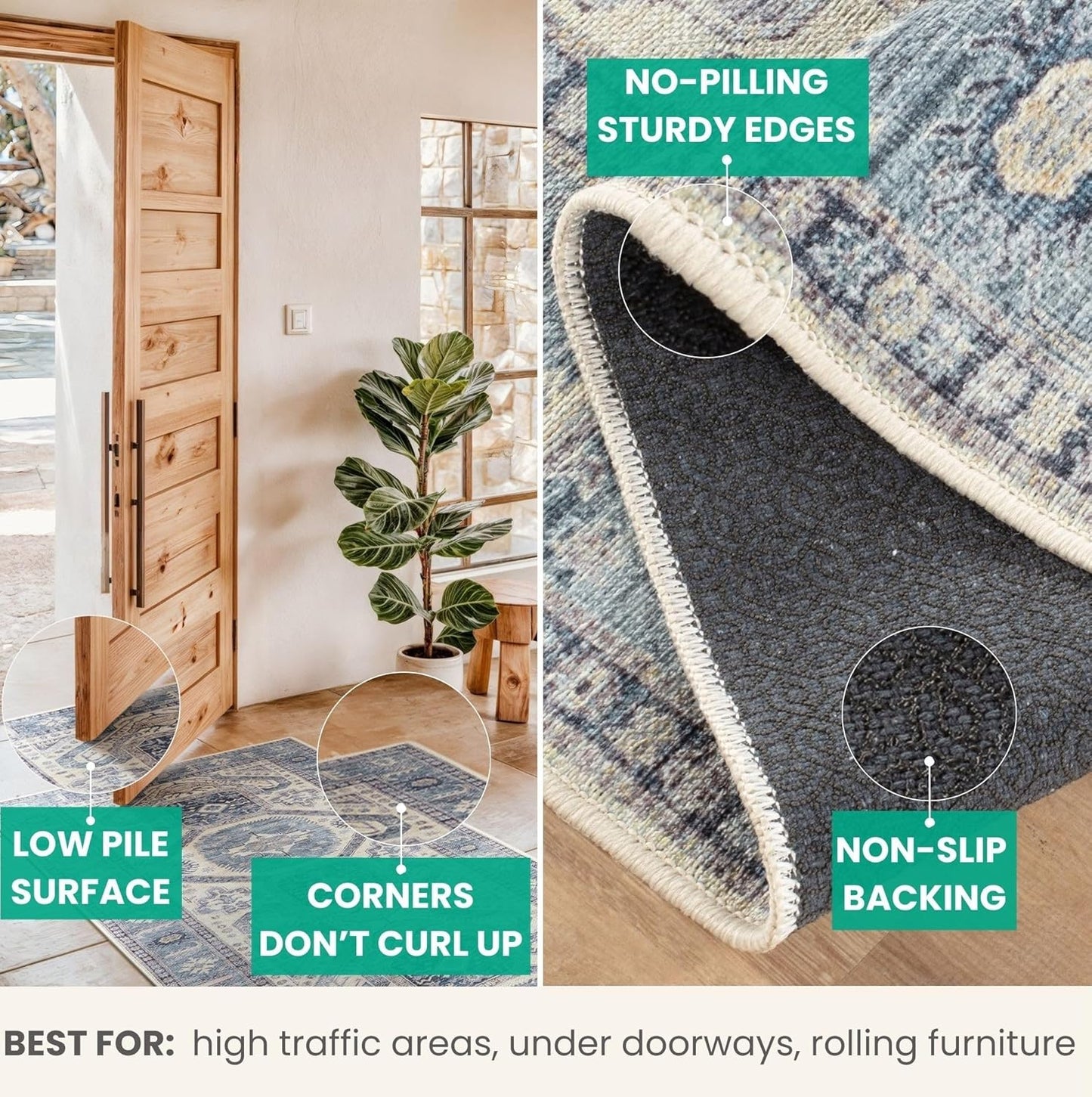 Bloom Rugs Washable Non-Slip 5' x 7' Rug - Blue/Beige Traditional Oriental Area Rug for Living Room, Bedroom, Dining Room, and Kitchen - Exact Size: 5' x 7'