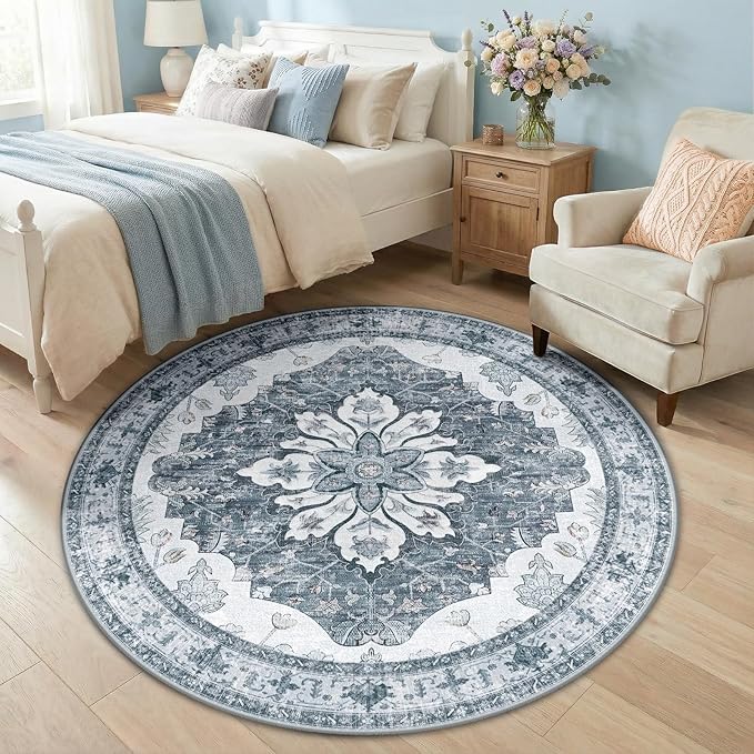 RELEANY Area Rugs Round 5ft Washable Non-Slip, Floral Vintage Distress Print by RELEANY