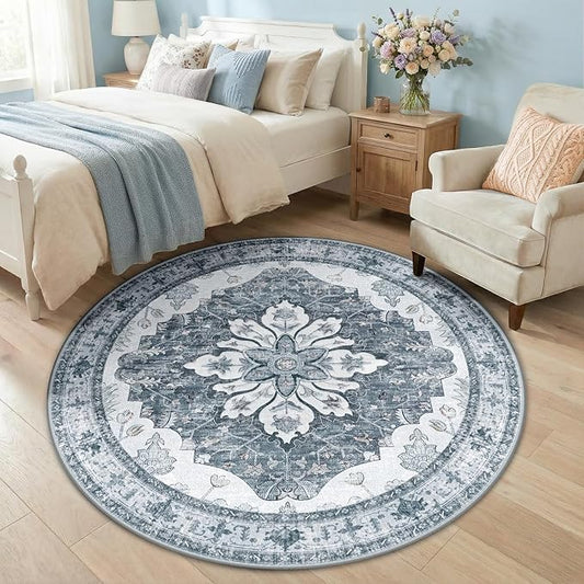 RELEANY Area Rugs Round 5ft Washable Non-Slip, Floral Vintage Distress Print by RELEANY