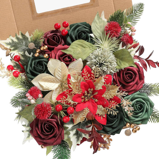 Serra Flora Artificial Christmas Flowers Greenery Combo Box Set Faux Flowers Bulk Flower Leaf with Stems for DIY Tree Ornaments Xmas Wreath Floral Arrangements Centerpieces