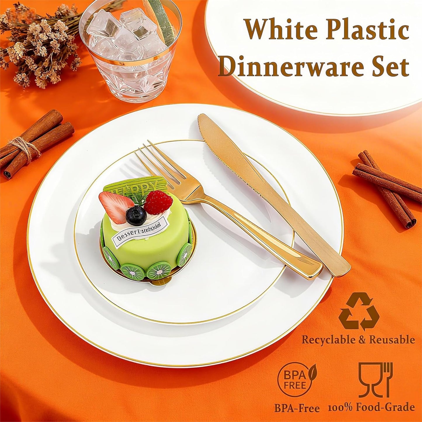 Festiva 176Pcs White and Gold Plastic Plates - White with Gold Rim Fall Dinnerware Set - 25Guest include Plates Cups Cutlery Napkins for Fall Party&Wedding& New Year&Thanksgiving
