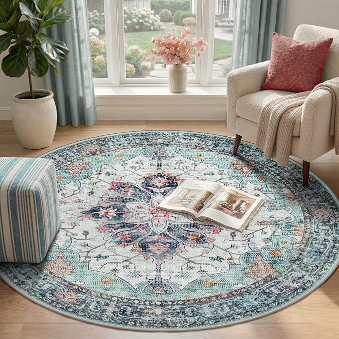 RELEANY Area Rugs Round 4ft Washable Non-Slip, Floral Vintage Distress Print - Image 2