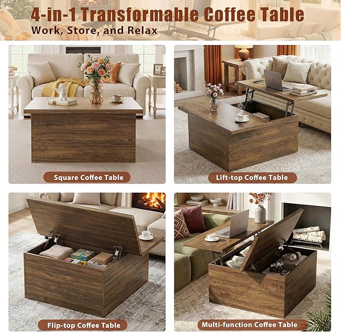HUAHUU 31.5" Lift Top Coffee Table, 4 in 1 Square Coffee Table - Image 3