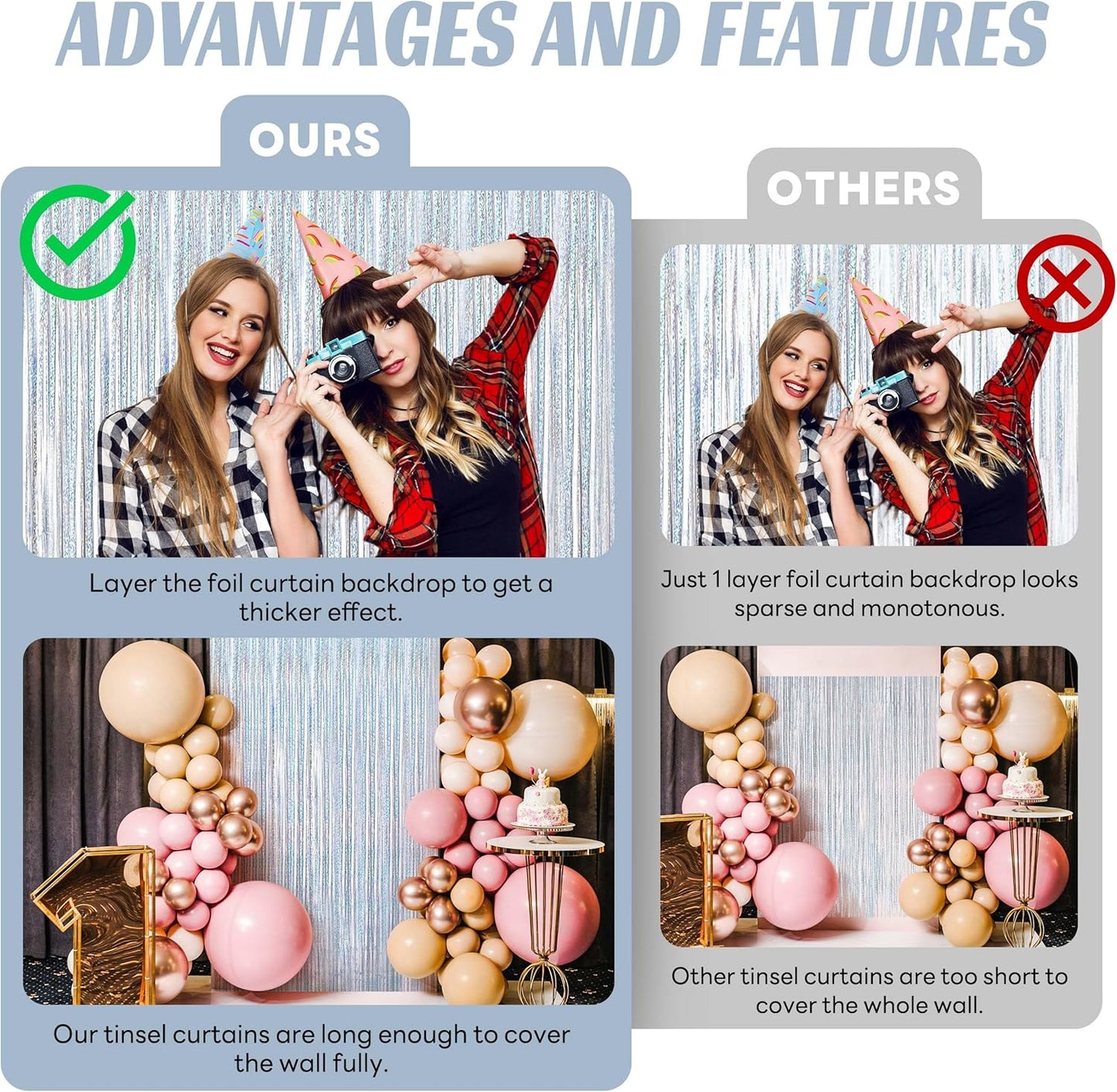 BTSD-home 4 Pack Laser Silver Foil Fringe Curtain Holographic, Metallic Photo Booth Tinsel Backdrop Door Curtains for Wedding Birthday Baby Shower Bachelorette Party Decorations(3ft x 8ft)