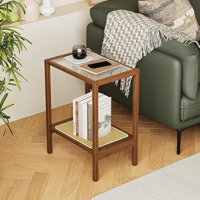 Bamworld Rattan Side Table Living Room Glasstop Night Stand Boho End Table by Bamworld