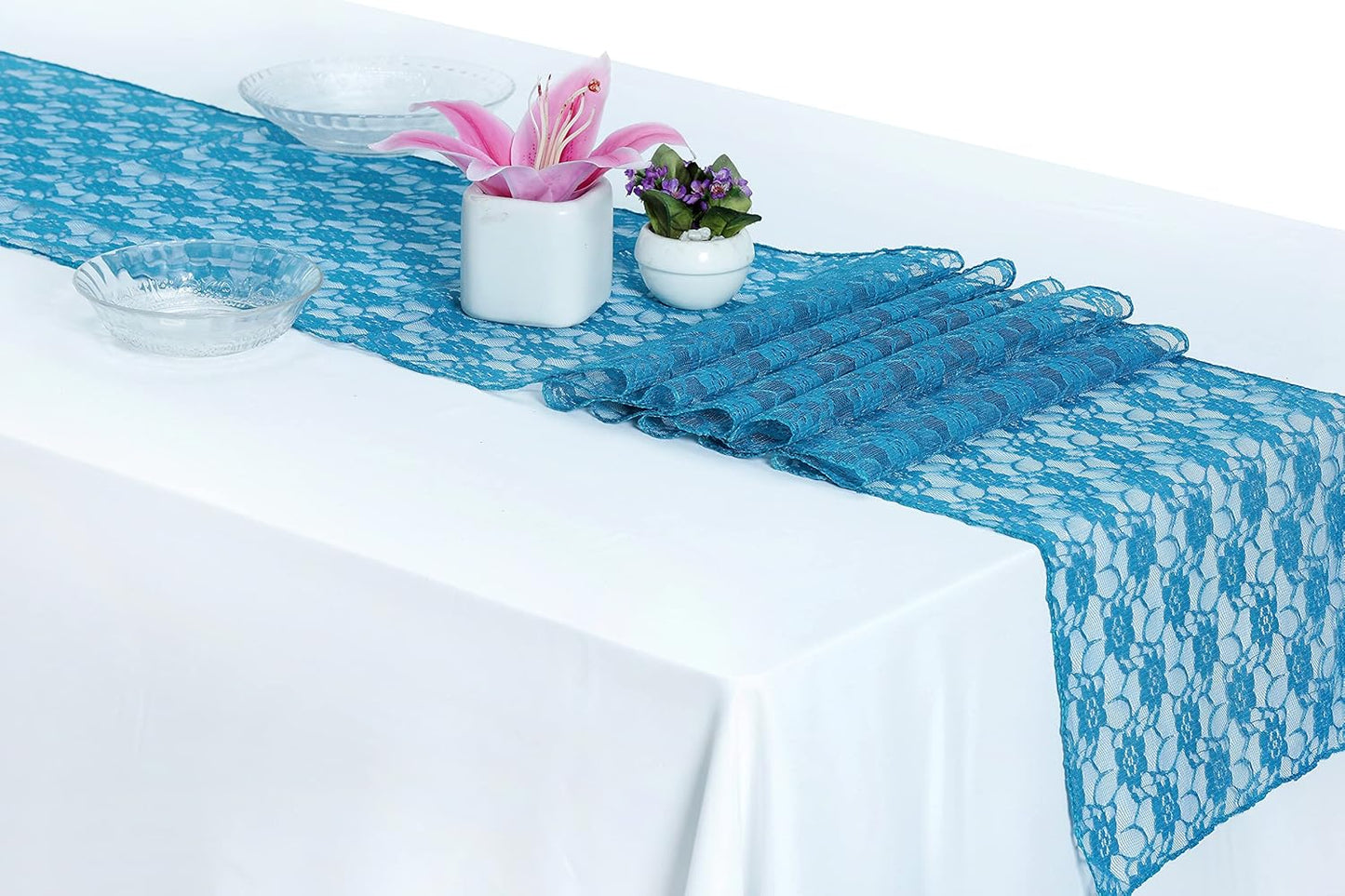 MDS Pack of 15 Wedding 12 x 108 inches Lace Table Runner for Wedding, Decorations for Birthday Parties, Banquets, Graduations, Engagements, and Runners fit Rectangle, Round Table- Dark Teal