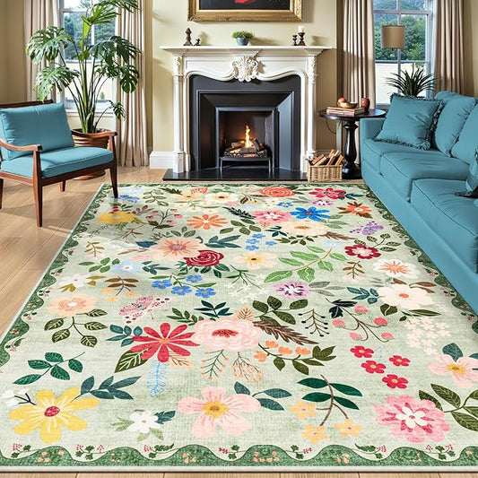 8x10 Area Rugs for Living Room: Floral Washable Rug Vintage Large Soft Boho by PLHXFRSoftAreaRugs