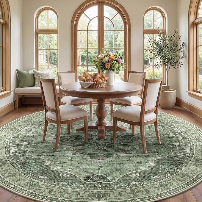 RELEANY Area Rugs Round 8ft Washable Non-Slip, Floral Vintage Distress Print - Image 2