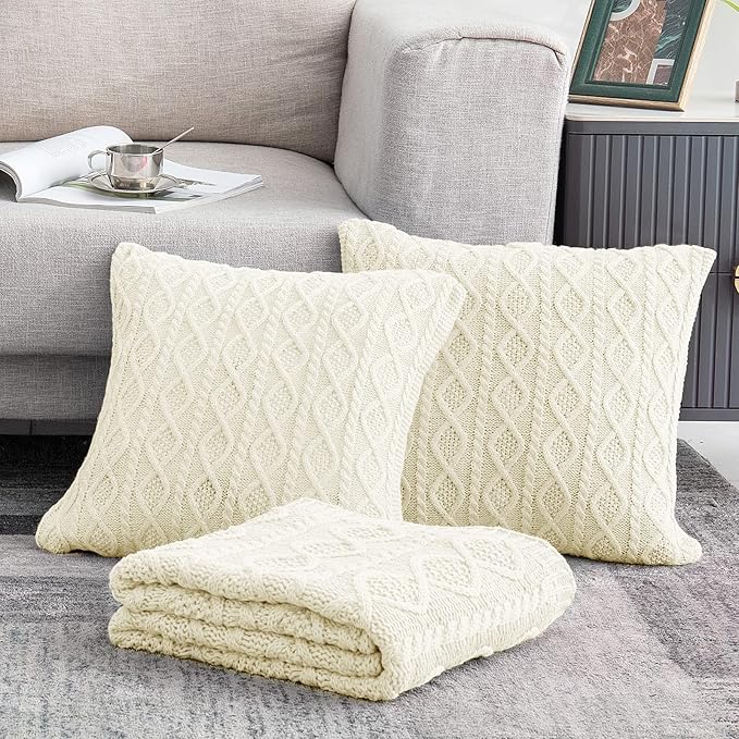 Homiest Cable Knit Throw Blanket & Pillow Set, Cream White Set of 3, Knitted - Image 2