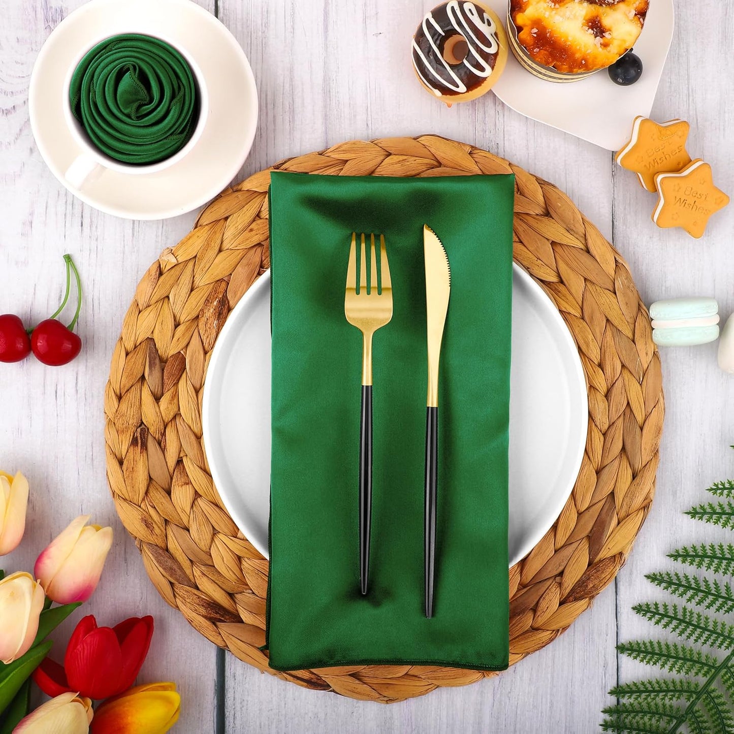 ANECO 16 Pack Square Satin Napkin Bright Silk Table Napkin Soft Smooth Fabric Table Napkin for Wedding Banquet Party Decoration, Forest Green, 20 x 20 Inch