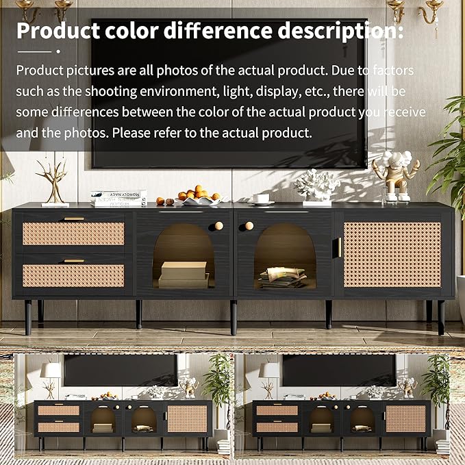 Merax Rattan TV Stand with LED Lights, Solid Wood Feet, Living Room, Bedroom - Image 8