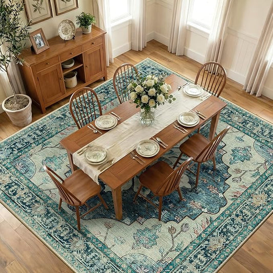 RELEANY Area Rugs Square 10ft Washable Non-Slip, Floral Vintage Distress Print by RELEANY
