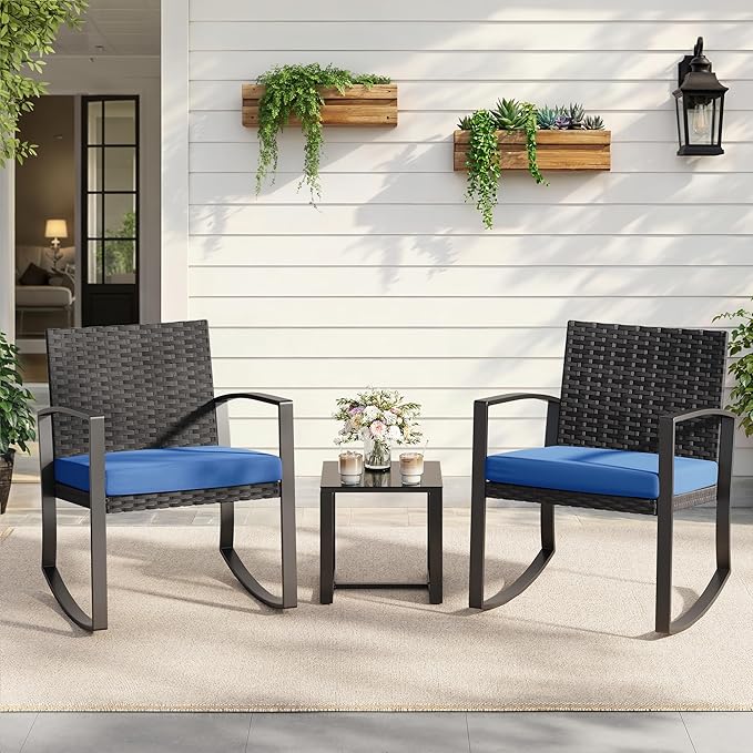 Qsun 3 Piece Patio Bistro Set Patio Furniture Set Outdoor Wicker Rocking - Image 8