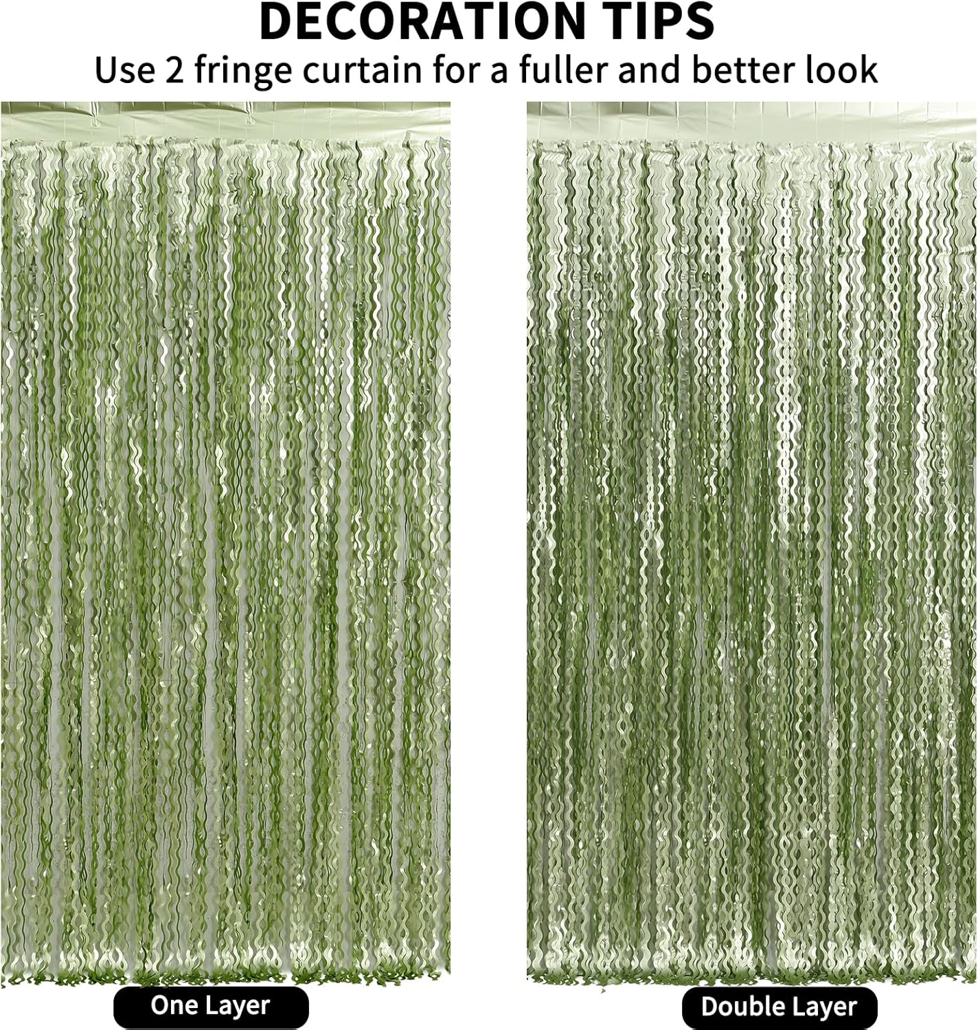 4 Pack Sage Green Wavy Metallic Tinsel Foil Fringe Curtains 3.3x6.6 Feet - Light Green Foil Streamers Backdrop Photo Booth Props for Birthday Wedding Christmas Party Decorations