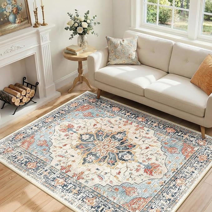 RELEANY Area Rugs 4'x6' Washable Non-Slip, Floral Vintage Distress Print by RELEANY