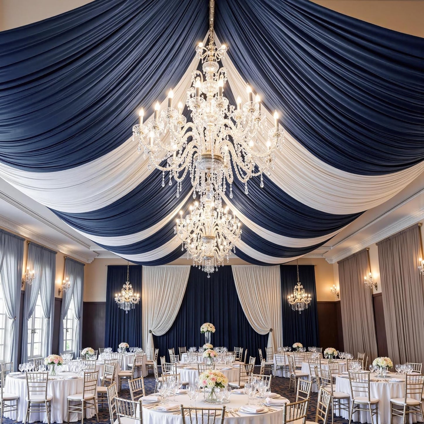 PartyVillage 4 Panels 5ftx30ft Navy Blue Ceiling Drapes for Wedding Parties – 30 FT Extra Long Thick Polyester Wrinkle-Free Drapery Tent Decor Decorations for Birthday Party Ceremony Stage Swag