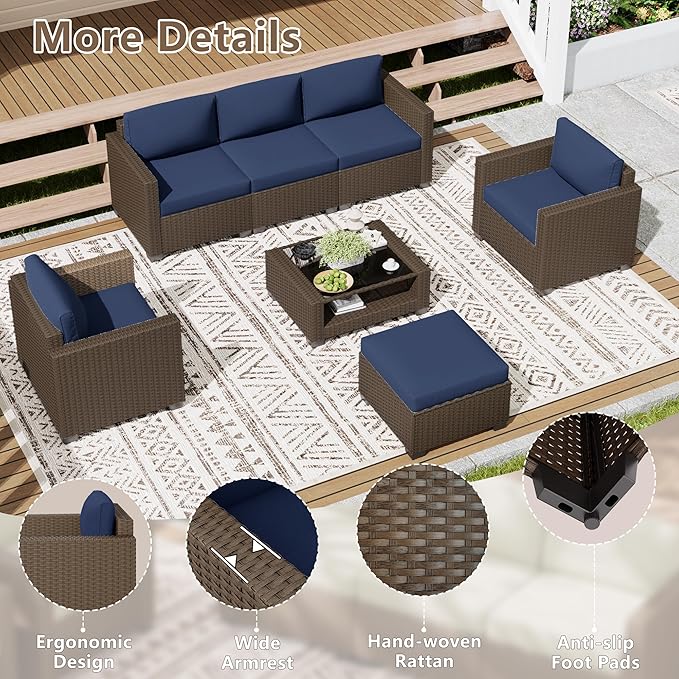 LOUVIXA 7 Piece Outdoor Patio Furniture Set, Rattan Chairs Glass Table Wicker - Image 5