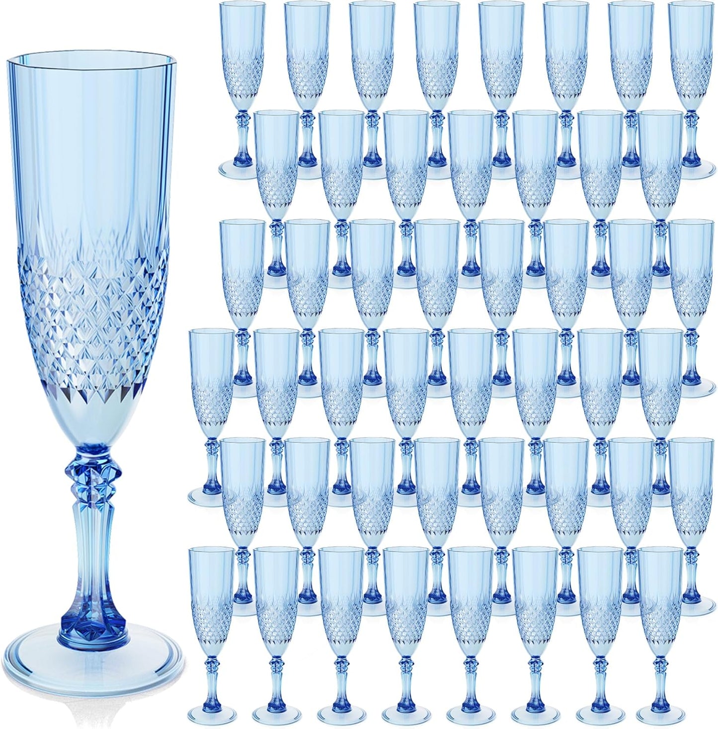 Plastic Champagne Flutes, 48PCS Blue Wine Glasses Goblets Cups Reusable Flute, for Weddings Bachelor Parties Toasting and Events (48, Blue)