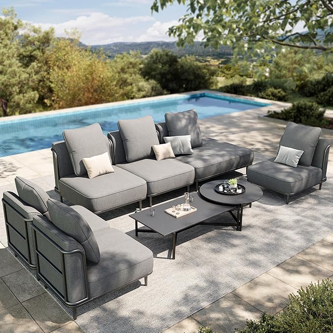 HERA'S HOUSE Metal Patio Furniture Set, Modular 7 Seats and 1 Nesting Coffee by HERASHOUSE