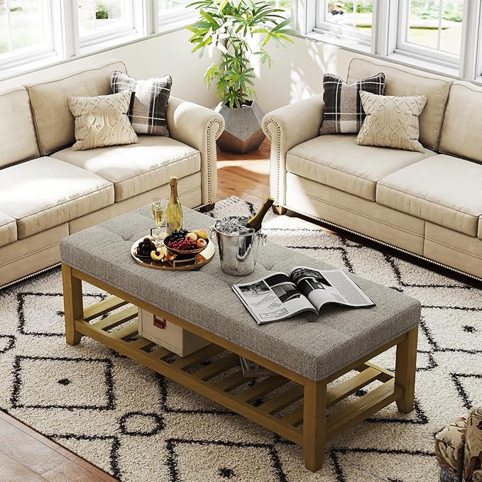 Befurtori Large Rectangular Upholstered Ottoman Bench, Linen Tufted Footrest - Image 4