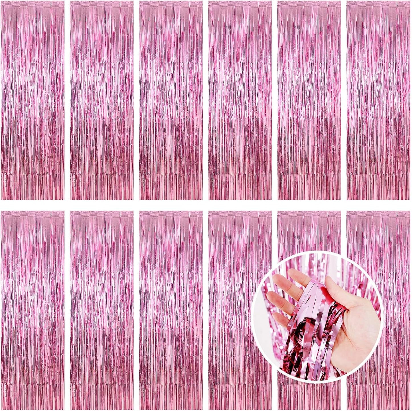 Pink Fringe Curtain Party Streamers, 12 Pack 3.3ft x 8.2ft Foil Curtain Backdrop Tinsel Foil Fringe Curtains Photo Booth Backdrop Streamer for Birthday, Wedding, Baby Shower, Disco Party