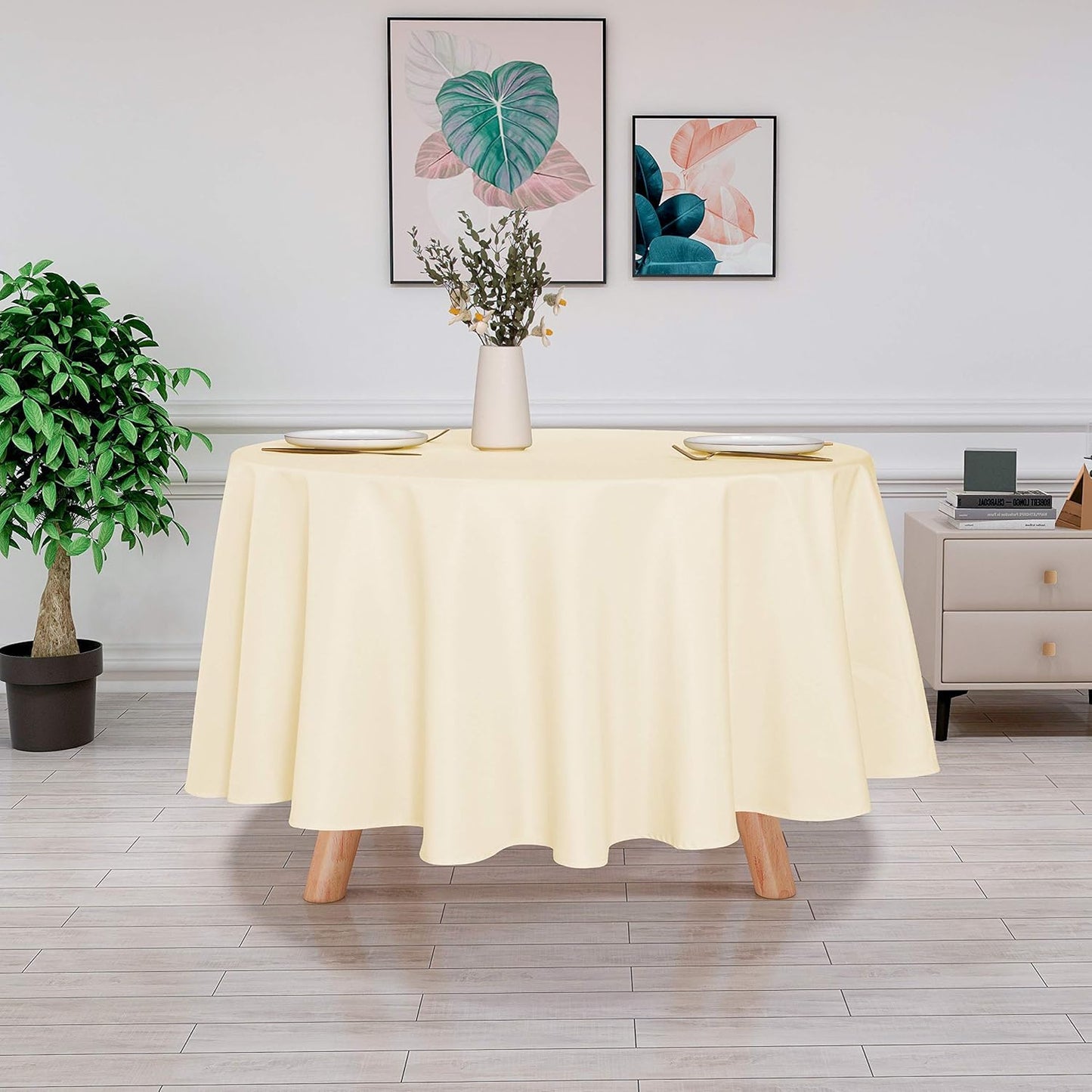 sancua Round Tablecloth - 90 Inch - Water Resistant Spill Proof Washable Polyester Table Cloth Decorative Fabric Table Cover for Dining Tables, Buffet Parties and Camping, Beige